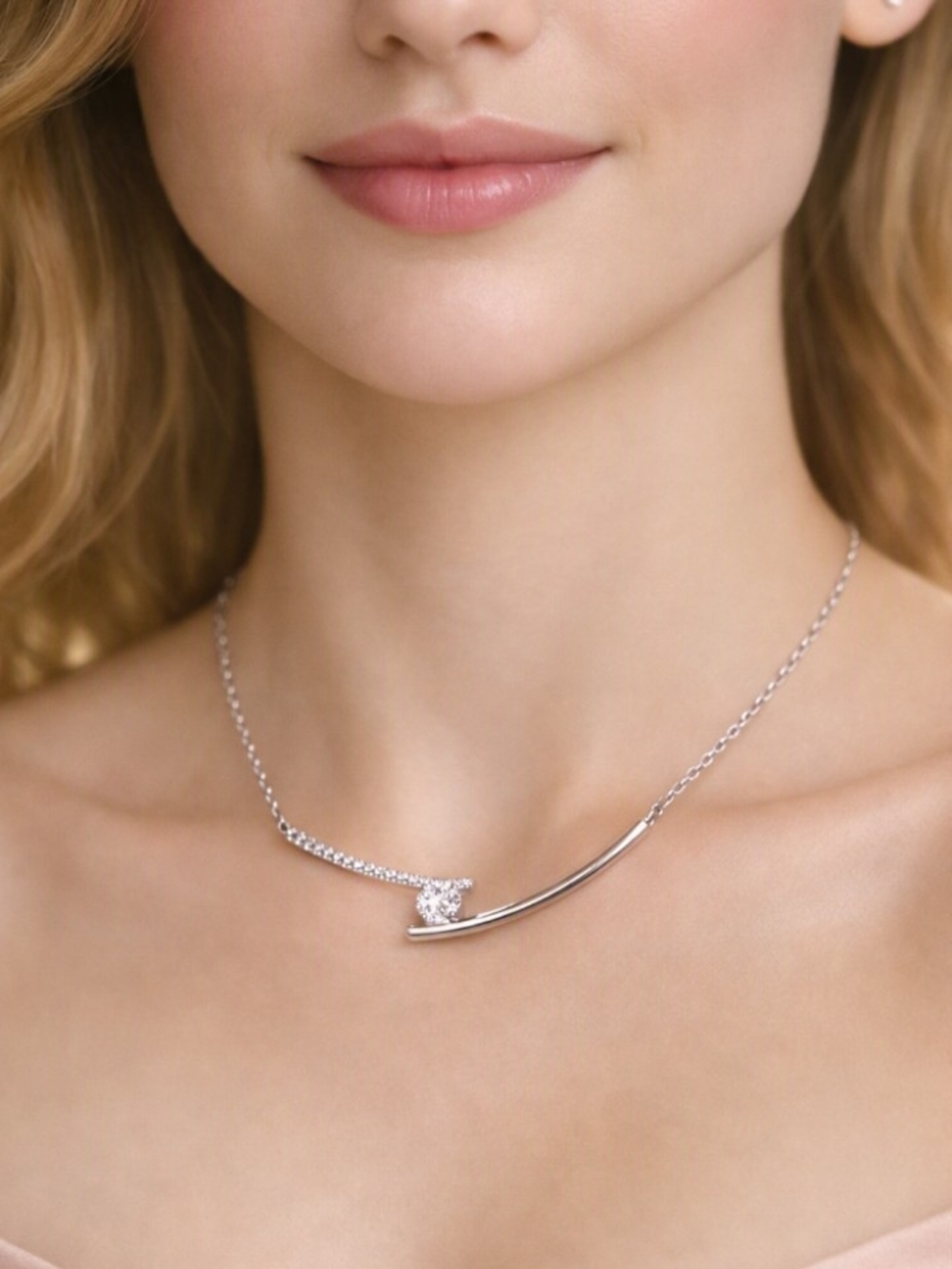 Cubic Zirconia Solitaire Bypass Bar Necklace